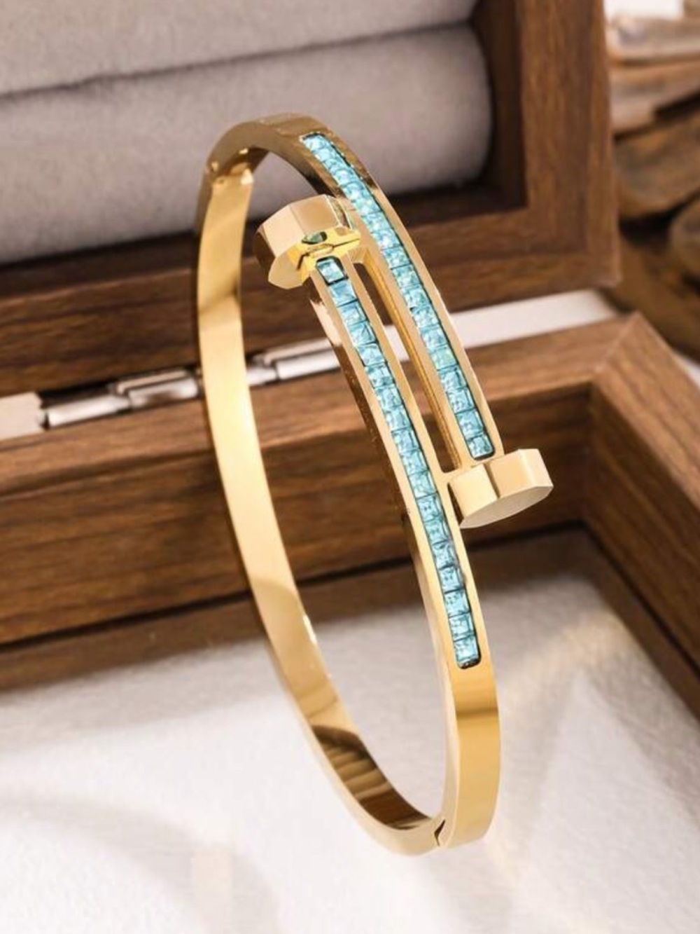 Macy's Gold Bracelet with Aqua Blue Crystal Accents
